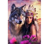 Quxaoqiao DIY 5D Adultes et débutants Diamant Peinture Complète Foret Kit Fille Indienne Loup Motif Broderie Diamant Art Kits Diamond Painting Idéal Pour Décoration Murale Foret Carré 45x60cm AC2135