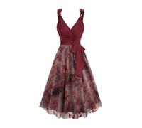 QuxetlRyz Robe sans Manches à col en V Profond Deep Red V-Neck Tie Dye Flower Flocking Surplice Tank Dress Women Summer with Removable Belt(L)
