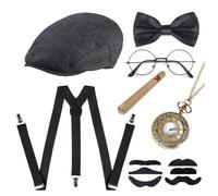 QUXV 7pcs Accessoire Annee 20 Homme, Great Gatsby Gangster Costume, Années 1920 Déguisement, avec Chapeau Panama Montre de Poche Bretelles Noeud Papillon Barbes Lunettes pour Carnaval