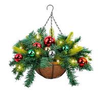 QUXVUIS Charmant Panier Suspendu de Noël Artificiel orné de Boules Rouges et Vertes éclatantes et Feuilles pin réalistes. Ce Panier est Muni Crochets Robustes en Forme S pour Une Suspension, H1-20