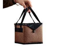 QUYBSGWJ Sac De Rangement pour Ensemble De Thé De Voyage Fait Main avec des Boutons Vintage en Tissage, Panier À Thé Carré avec Couvercle,Noir,14.3 * 14.3 * 13.5 cm