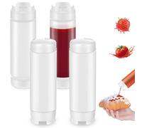 QuZCarious Lot de 4 bouteilles compressibles rechargeables de 590 ml, flacons souples en plastique inversé pour sauces, ketchup, crème sure, distributeur de sirop auto-scellant pour la famille, les