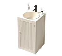 QVK Vanité de Salle de Bains Moderne Autonome, Armoire de Rangement de Salle de Bains carrée, Conception à Rayures Verticales, évier et Robinet en Acier galvanisé-Beige