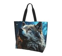 QVUEagriSJ Sac fourre-tout pour femme - Imprimé zèbre - Sac de courses pliable - Grand sac fourre-tout réutilisable, Loup regardant les étoiles dans la neige, Taille unique