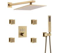 QWAXTRIW Ensemble de Pomme de Douche à Effet Pluie en Or brossé, 10 Jets carrés de 12 Pouces avec Valve thermostatique, système de Douche Mural en Laiton pour Une expérience de Salle de Bain Luxueuse