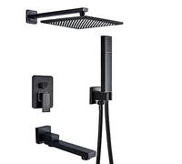 QWAXTRIW Système de Douche Noir mitigeur Mural en Laiton avec Pomme de Douche à Effet Pluie de 8 Pouces, Bec pivotant et vanne de contrôle intégrée pour Une expérience de Bain Luxueuse