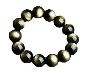 QWdfgS bracelet en obsidienne noire, Bracelets en perles rondes obsidienne dorée, grande pierre naturelle véritable de 12mm, breloque élastique, puissant, extensible, bracelets for femme et hommes