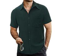 QWEFVB Chemise d'été rayée à manches courtes pour homme - Style vintage - Avec poche, Vert noir pur, XL