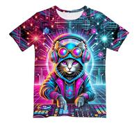 QWEFVB Chemise tie and dye fluo pour enfants garçons filles T-shirt hippes T-shirt pour enfants âgés de 6 à 16 ans, Dj Cat, 11-12 ans