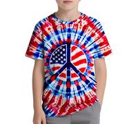 QWEFVB Chemise tie-dye pour enfants de 6 à 18 ans - T-shirt à manches courtes pour garçons et filles, Drapeau américain signe de paix, 9-10 ans