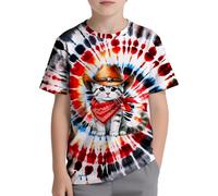 QWEFVB Chemise tie-dye pour enfants de 6 à 18 ans - T-shirt à manches courtes pour garçons et filles, Western Cat, 11-12 ans