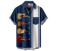 QWEFVB Chemises de bowling pour hommes imprimées à manches courtes coupe droite hawaïenne décontractée chemise de plage boutonnée, Impression guitare de musique 2, XL