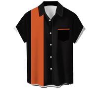 QWEFVB Chemises de bowling vintage des années 1950 pour hommes, chemises cubaines décontractées à manches courtes boutonnées contrastées pour l'été, noir/orange, XL