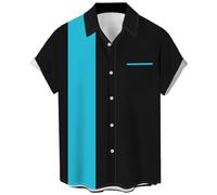 QWEFVB Chemises de bowling vintage des années 1950 pour hommes, chemises cubaines décontractées à manches courtes boutonnées contrastées pour l'été, Atoll bleu et noir, S