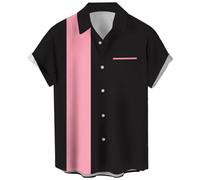 QWEFVB Chemises de bowling vintage des années 1950 pour hommes, chemises cubaines décontractées à manches courtes boutonnées contrastées pour l'été, noir/rose, 6XL