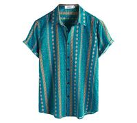 QWEFVB Chemises hawaïennes à fleurs pour homme, manches courtes, boutonnées, tropicales, pour la plage, été, bleu/orange, XL