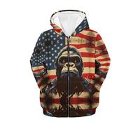 QWEFVB Sweat à capuche à motif animal patriotique pour garçons, coupe ample, confortable, doux, graphique, fermeture éclair, avec poches, Drapeau américain Gorille, S