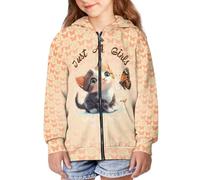 QWEFVB Sweat à capuche zippé pour filles de 6 à 16 ans, haut décontracté à manches longues pour adolescents et enfants, Chat papillon, juste une fille, M