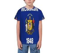 QWEFVB T-shirt à manches courtes avec emblème national de la jeunesse pour adolescents, garçons et filles, Drapeau du Wisconsin 12, 13-14 ans