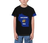 QWEFVB T-shirt à manches courtes avec emblème national de la jeunesse pour adolescents, garçons et filles, Carte du Wisconsin 13, 11-12 ans