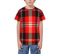 QWEFVB T-shirt à manches courtes pour adolescents, garçons et filles, motif vichy orange, Ligne mince grille rouge 2, 3-4 ans