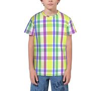 QWEFVB T-shirt à manches courtes pour adolescents, garçons et filles, motif vichy orange, Pâques Pastel Plaid rayé 5, 9-10 ans