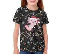QWEFVB T-shirt décontracté à col rond pour filles et garçons avec imprimé graphique 3D de Noël, Axolotl, 7-8 ans
