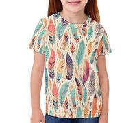 QWEFVB T-shirt d'été à manches courtes et col rond pour filles et garçons, Plume, 11-12 ans