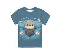 QWEFVB T-shirt d'été à manches courtes pour filles, garçons, enfants, Loutre de mer., 9-10 ans