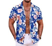 QWEFVB T-shirt hawaïen à manches courtes pour homme, chemise de plage tropicale, chemise décontractée à motif floral Aloha, motif floral bleu, L
