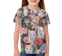QWEFVB T-shirts à manches courtes pour filles de 2 à 16 ans - T-shirt d'été doux - T-shirt graphique fantaisie - T-shirt décontracté pour l'école, Chat mignon Kawaii Chaton, 2-3 ans