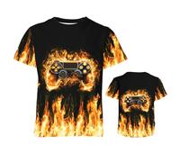 QWEFVB T-shirts graphiques 3D pour garçons et filles, col rond, unisexe, manches courtes, t-shirts fantaisie pour adolescents de 6 à 16 ans, Jeu Orange Fire, 11-12 ans
