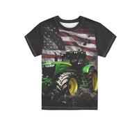 QWEFVB T-shirts pour enfants garçons taille 3-16 filles vêtements de sport à manches courtes hauts actifs, Tracteur américain noir, 13-14 ans