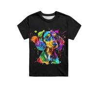 QWEFVB T-shirts pour enfants, T-shirts à col rond, t-shirt à manches courtes, pull unisexe pour filles et garçons de 3 à 16 ans, Peinture chien teckel, 7-8 ans
