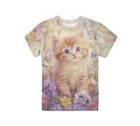 QWEFVB T-shirts pour filles, taille 2-16, chemise à manches courtes, t-shirts graphiques d'été pour enfants, pull à col rond, hauts vêtements, Chat floral, 2-3 ans