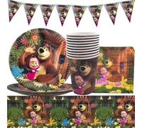QWEPU Mas-cha and The Bear Party Tableware Set, 42PCS Articles de fête d'anniversaire de Masha, Articles de fête d'anniversaire de Masha, Accessoires Vaisselle Fête Dessin Animé, pour Anniversaire