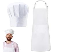 QWEPU Tabliers de cuisinier,Cuisine réglables avec, toques de cuisinier, unisexe, bande de cou réglable, pour cuisine, cuisine,pour restaurant, cuisine, barbecue, pâtisserie, Blanc