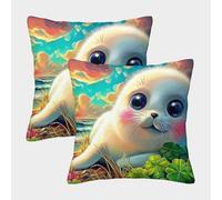 QWERTYUIOPD Bébé Phoque Côte Dessin Taies Oreiller 3D Housse Coussin Lot de 2 Polyester Fermeture Invisible Enfant Adulte Chambre Décor 40x40cm