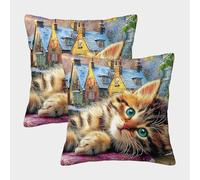 QWERTYUIOPD Chat Coloré Toit de Ville Taies Oreiller 3D Housse Coussin Lot de 2 Polyester Fermeture Invisible Chambre Enfant Facile Entretien 40x40cm