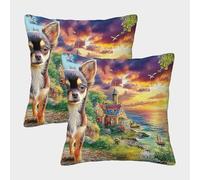 QWERTYUIOPD Chihuahua Coucher Soleil Côte Taies Oreiller 3D Housse Coussin Lot de 2 Polyester Fermeture Invisible pour Enfants Adultes Decoration Chambre 50x50cm
