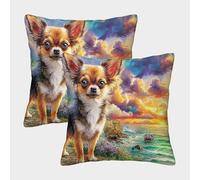 QWERTYUIOPD Chihuahua Paysage Cote 3D Taies Oreiller 3D Housse Coussin Lot de 2 Polyester Zip Adapté Chambre Enfant Adulte Deco Facile dEntretien 50x50cm