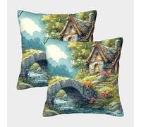 QWERTYUIOPD Cottage Forestier Pont de Pierre Taies Oreiller 3D Housse Coussin Lot de 2 Polyester Fermeture Invisible Chambre Adulte Enfant 50x50cm