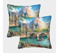 QWERTYUIOPD Paysage Chateau Riviere Taies Oreiller 3D Housse Coussin Lot de 2 Pont Scene Housses Oreiller Polyester Fermeture Invisible Decoration Chambre Enfant 40x40cm