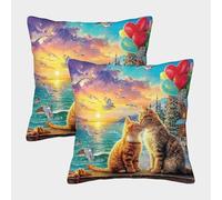 QWERTYUIOPD Seaside Sunset Cats Taies Oreiller 3D Housse Coussin Lot de 2 Ballon Decoration Polyester Fermeture Eclair Chambre Enfant 40x40cm