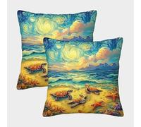 QWERTYUIOPD Tortue de Mer Plage Taies Oreiller 3D Housse Coussin Lot de 2 Nuit Etoilee Polyester Fermeture Usage Enfant Adulte 50x50cm