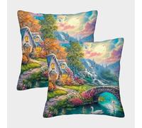 QWERTYUIOPD Village Féérique Pont Taies Oreiller 3D Housse Coussin Lot de 2 Polyester Zip Invisible Chambre Enfant Décor 50x50cm