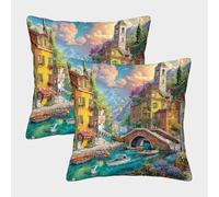 QWERTYUIOPD Ville Féérique Rivière Pont Taies Oreiller 3D Housse Coussin Lot de 2 Polyester Fermeture Invisible Literie Chambre Enfant Adulte 45x45cm