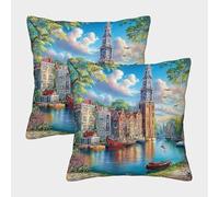 QWERTYUIOPD Vue sur la Ville et la Riviere Taies Oreiller 3D Housse Coussin Lot de 2 Polyester Fermeture Invisible Decoration Chambre Enfant Adulte 50x50cm