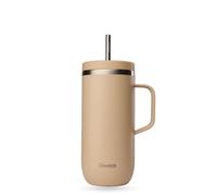 QWETCH - Cold Cup 600ml avec Poignée et Paille - 24h Glacé & 12h Froid - Lin - Gourde Isotherme en Inox, Tasse Thermo Café