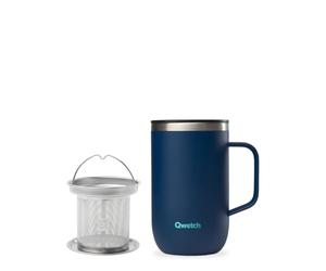 QWETCH - Mug Isotherme Inox Recy vec Anse & Filtre Infuseur Bleu Nuit - Tisanière Isotherme 470ml - Thermo Café & Thé - 6h Chaud & 12h Froid - Bouchon Coulissant Anti-Éclaboussures